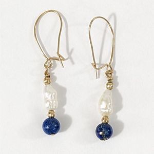 Baroque Pearl Lapis Lazuli Gold Tone Kidney Wire Dangle Earrings Elegant Dainty